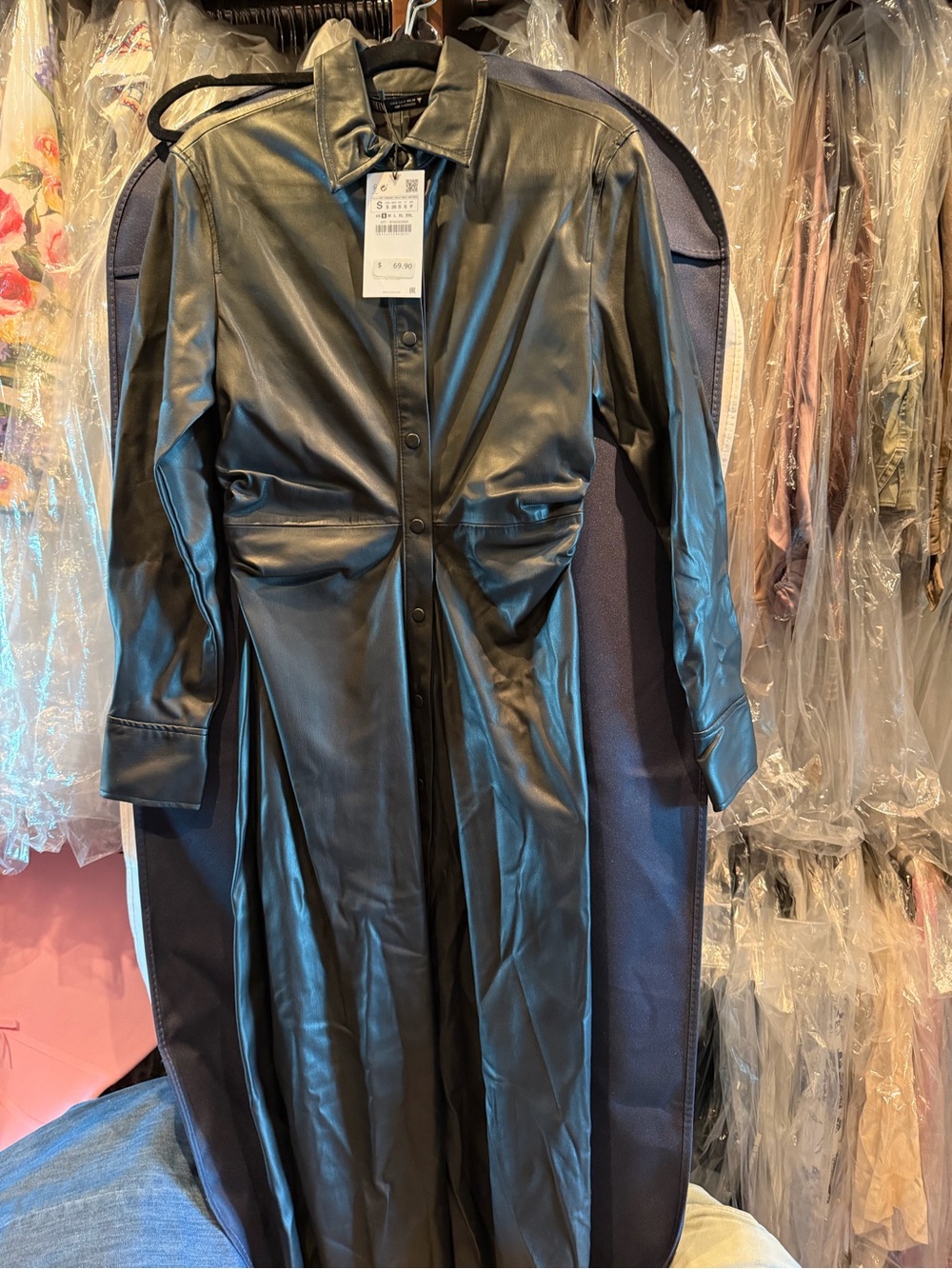 NWT Zara Faux Leather Ruched Midi Shirt Dress Small